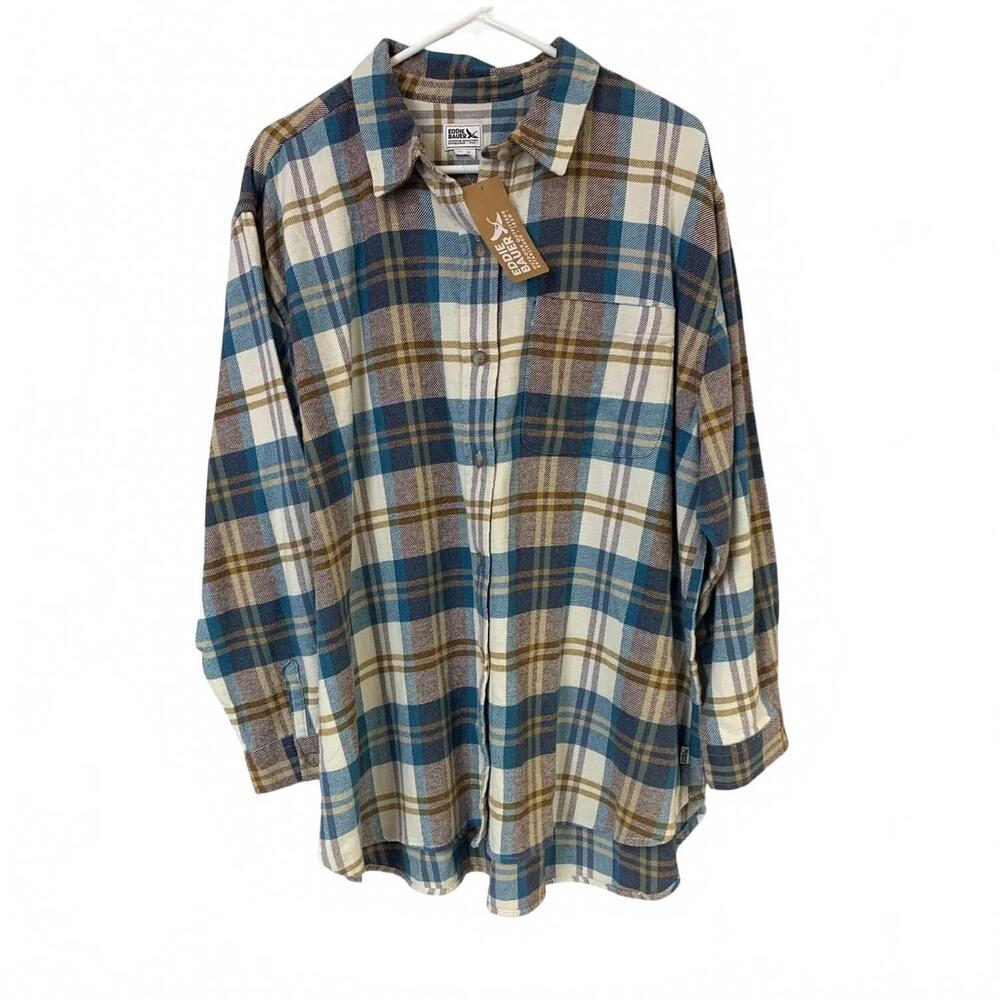 NEW EDDIE BAUER women's button up flannel shirt in blue tan plaid